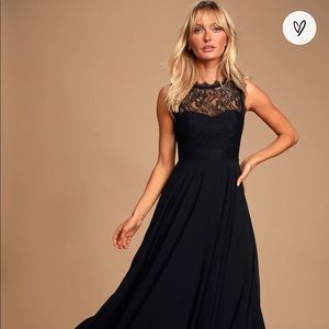 Lulu’s Divine Evening Black Lace Chiffon Maxi Dress